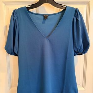 Ann Taylor Teal V-Neck Puff Sleeve Blouse